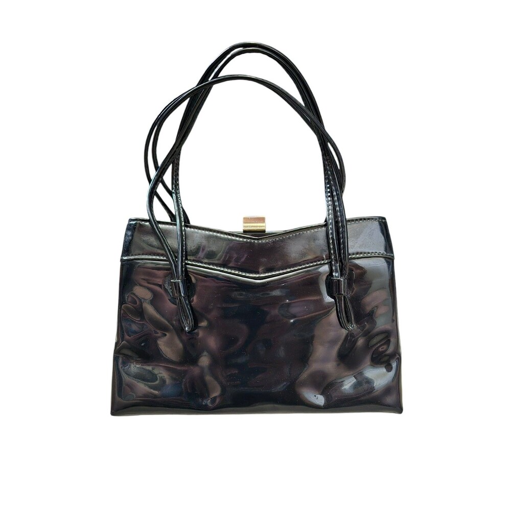 Vintage Black Patent Leather Purse Kiss Lock Small Size Double Strap Pockets